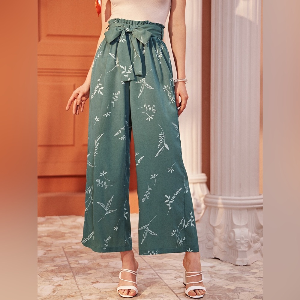 SHEIN©️Green Floral Flowy Pants w/ Removable Fabric Belt  M (6)